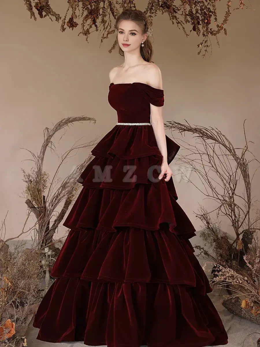 Amzcw A-Line Off Shoulder Velvet Burgundy Long Prom Dress Burgundy Long Formal Dress prom dress in store