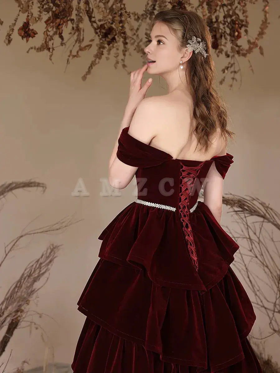 Amzcw A-Line Off Shoulder Velvet Burgundy Long Prom Dress Burgundy Long Formal Dress prom dress in store