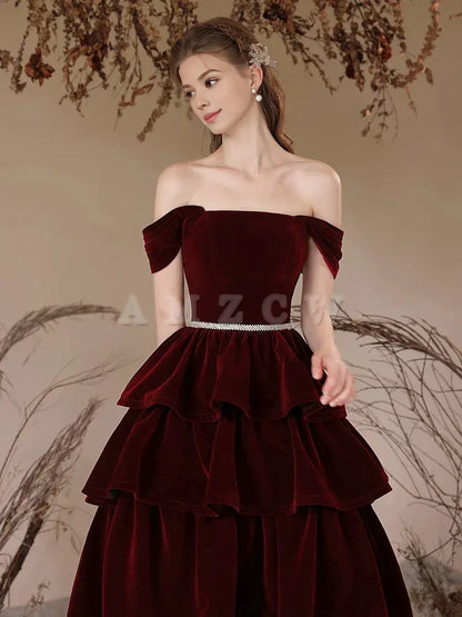 Amzcw A-Line Off Shoulder Velvet Burgundy Long Prom Dress Burgundy Long Formal Dress prom dress in store