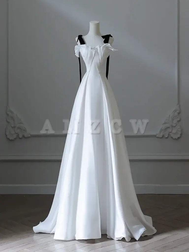 Amzcw A-Line Satin White Long Prom Dress White Long Formal Dress prom dress in store