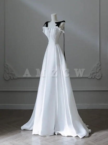 Amzcw A-Line Satin White Long Prom Dress White Long Formal Dress prom dress in store