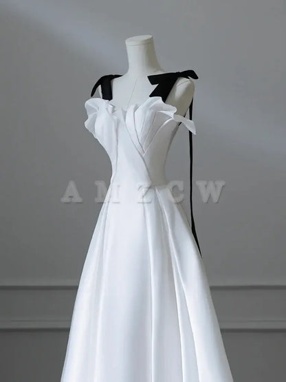 Amzcw A-Line Satin White Long Prom Dress White Long Formal Dress prom dress in store