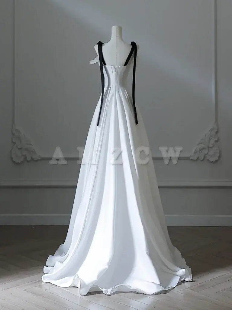 Amzcw A-Line Satin White Long Prom Dress White Long Formal Dress prom dress in store