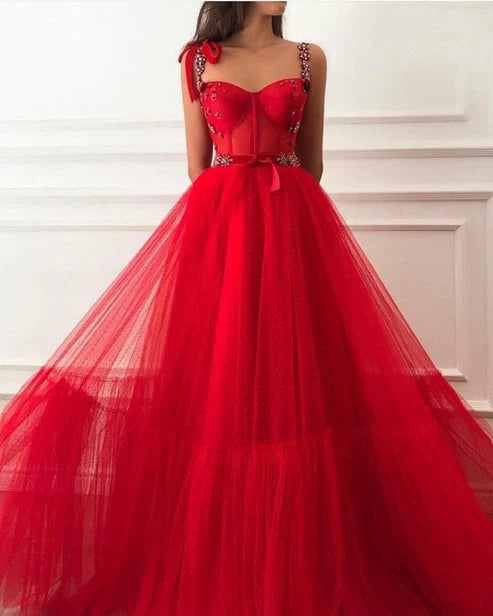 A Line Beaded Military Prom Dresses Tulle Straps Sweetheart