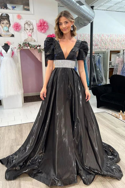 A-Line Beaded Plunge V Neck Long Prom Dress with Puff Sleeves