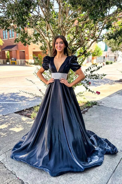 A-Line Beaded Plunge V Neck Long Prom Dress with Puff Sleeves