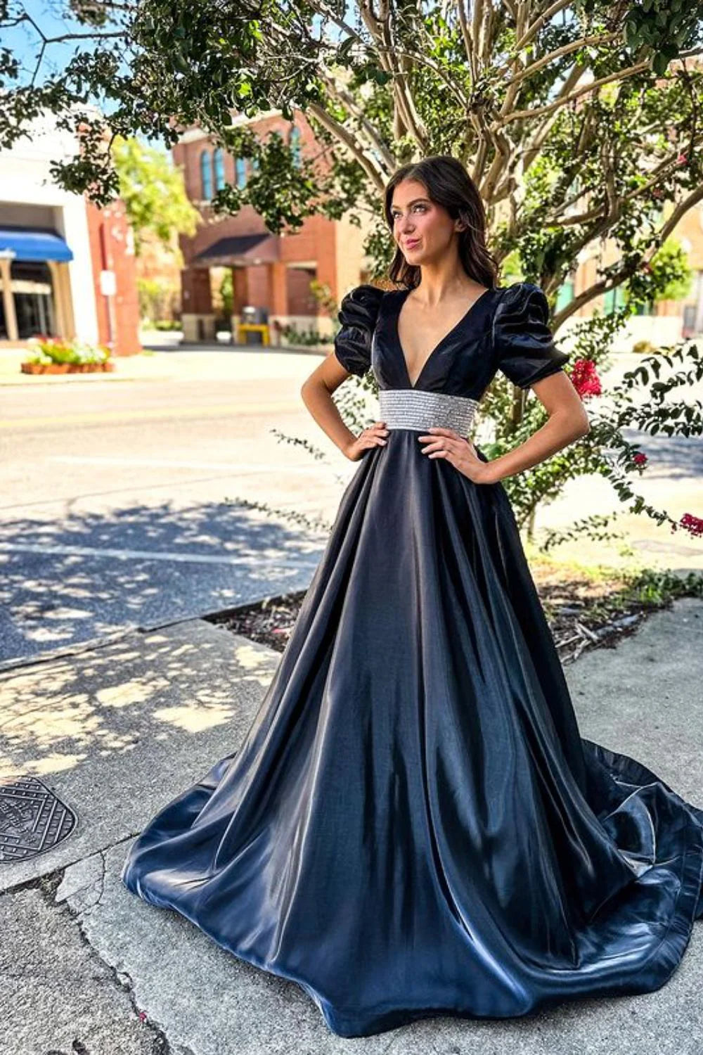 A-Line Beaded Plunge V Neck Long Prom Dress with Puff Sleeves