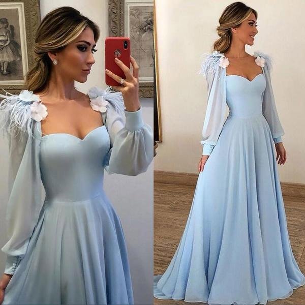 A Line Blue Long Sleeves Sweetheart Prom Dresses With Flower & Feathers Long Evening Dresses