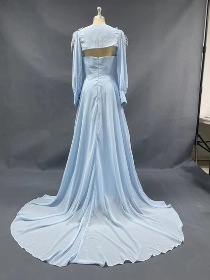 A Line Blue Long Sleeves Sweetheart Prom Dresses With Flower & Feathers Long Evening Dresses