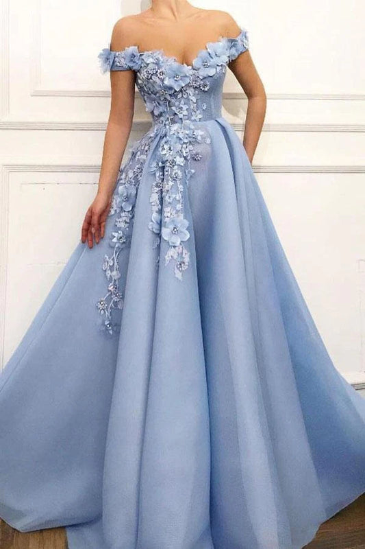 A Line Blue Off the Shoulder Tulle Lace Sweetheart Prom Dresses