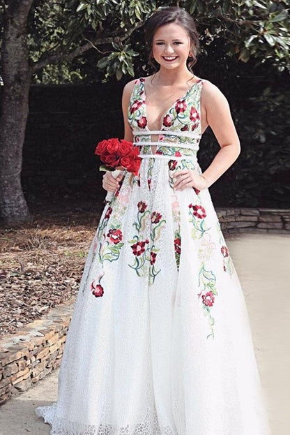 A Line Deep V Neck Ivory Lace Backless Embroidery Prom Dresses With Printed