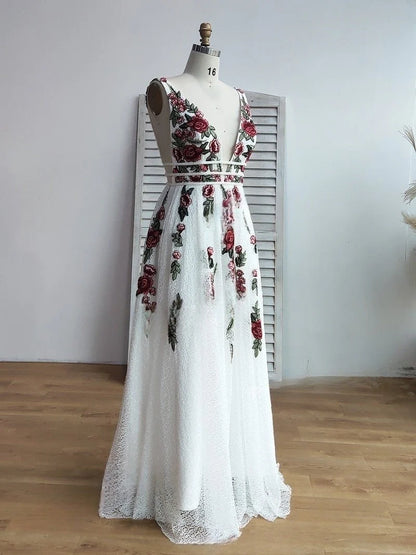 A Line Elegant V Neck Lace Prom Dresses Backless With Floral