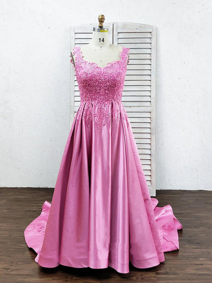A-Line Luxury Square Appliques Beaded Satin Sweetheart Lace up Pink Quinceanera Dress