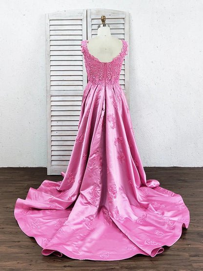 A-Line Luxury Square Appliques Beaded Satin Sweetheart Lace up Pink Quinceanera Dress