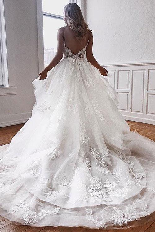 A Line Off White Sweetheart Spaghetti Straps Tulle Lace Appliques Long Wedding Dress