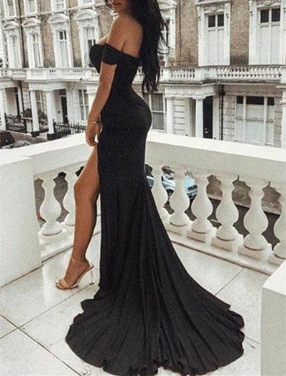 A Line Off the Shoulder Black Evening Dresses Mermaid Prom Dresses With Side Slit