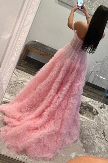 A-Line Off the Shoulder Tulle Princecss Prom Dress with Slit