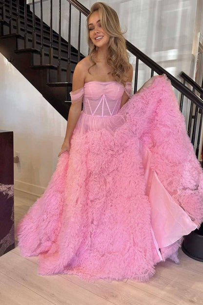 A-Line Off the Shoulder Tulle Princecss Prom Dress with Slit