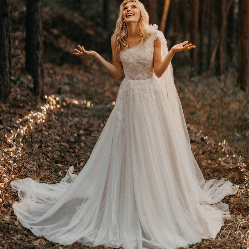 A Line One Shoulder Ruched Tulle Beach Boho Wedding Dress With Appliqued & Beading