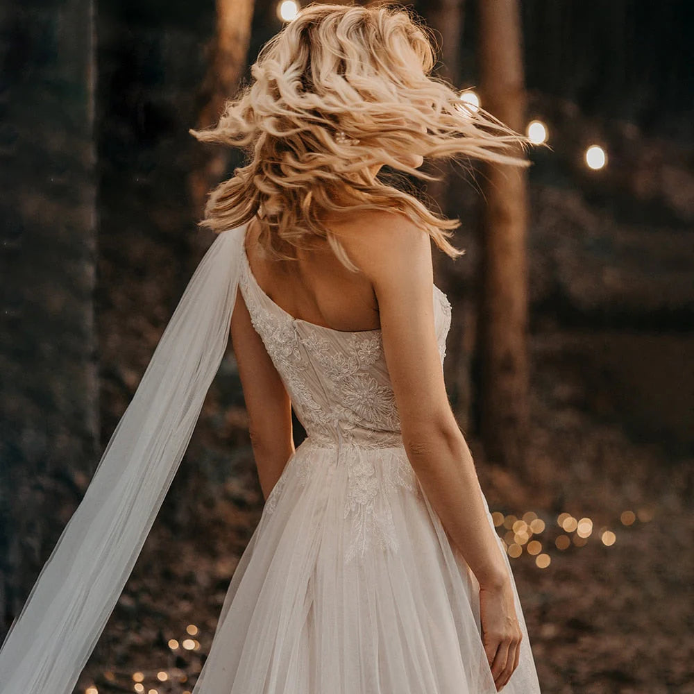 A Line One Shoulder Ruched Tulle Beach Boho Wedding Dress With Appliqued & Beading