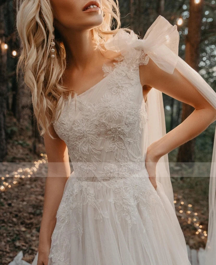 A Line One Shoulder Ruched Tulle Beach Boho Wedding Dress With Appliqued & Beading