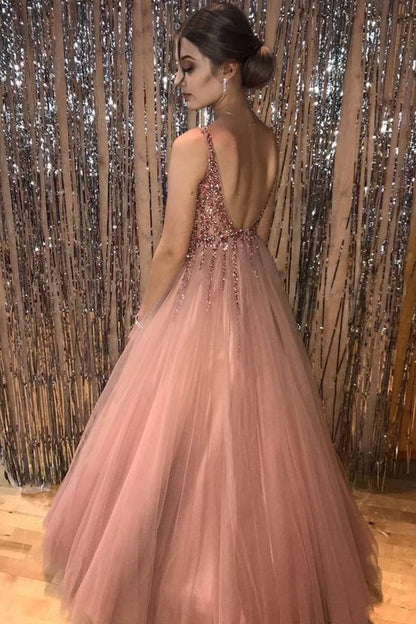 A Line Pink V Neck Tulle Sequin Beads Long Prom Dress Cheap Graduation Dresses