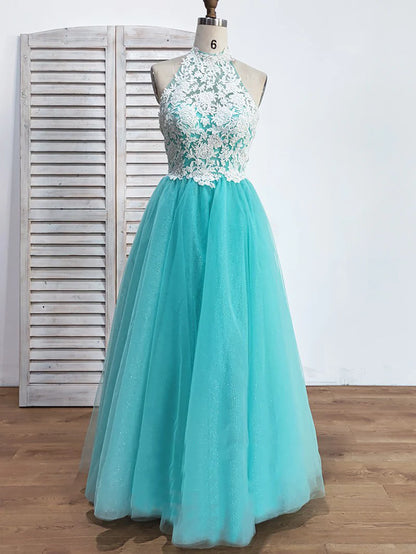 A-Line/Princess Halter Sleeveless Floor-Length Lace Tulle Dresses