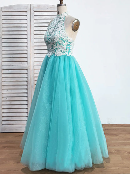 A-Line/Princess Halter Sleeveless Floor-Length Lace Tulle Dresses