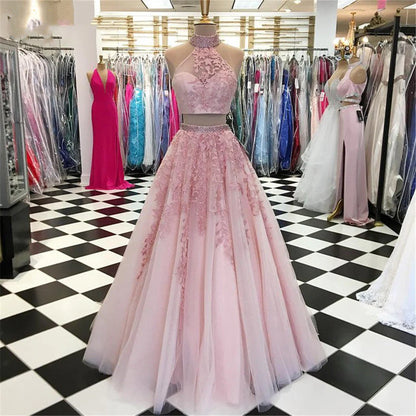 A-Line/Princess Sleeveless Halter Floor-Length Applique Tulle Two Piece Prom Dresses
