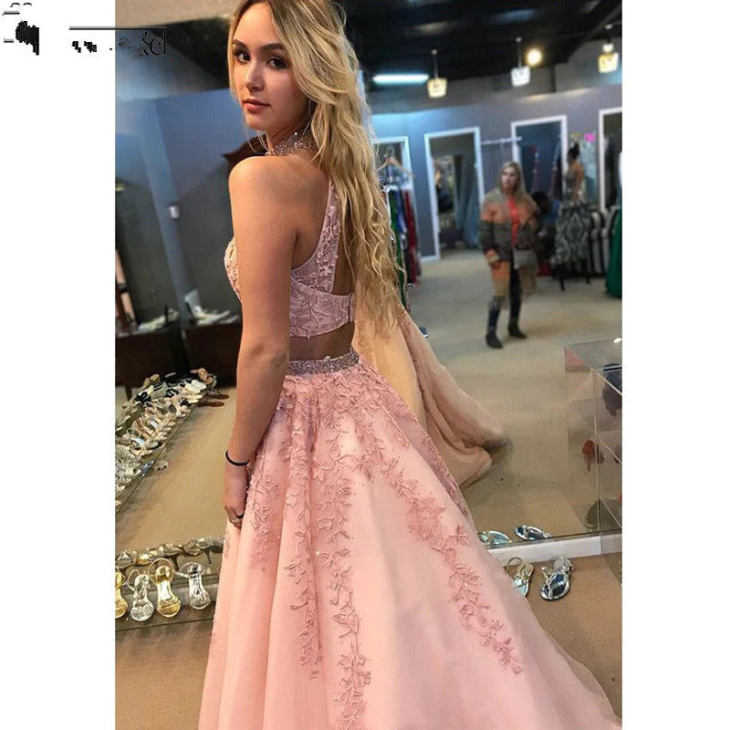 A-Line/Princess Sleeveless Halter Floor-Length Applique Tulle Two Piece Prom Dresses