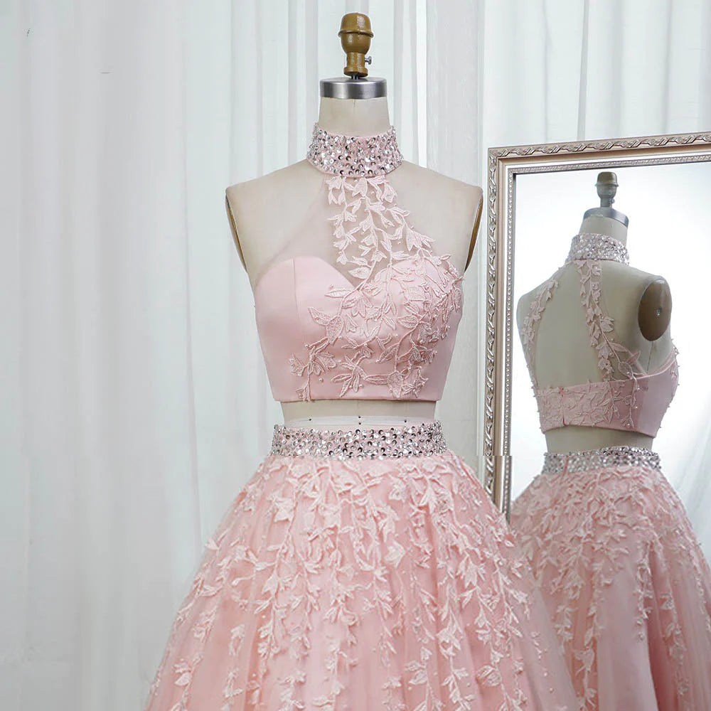 A-Line/Princess Sleeveless Halter Floor-Length Applique Tulle Two Piece Prom Dresses