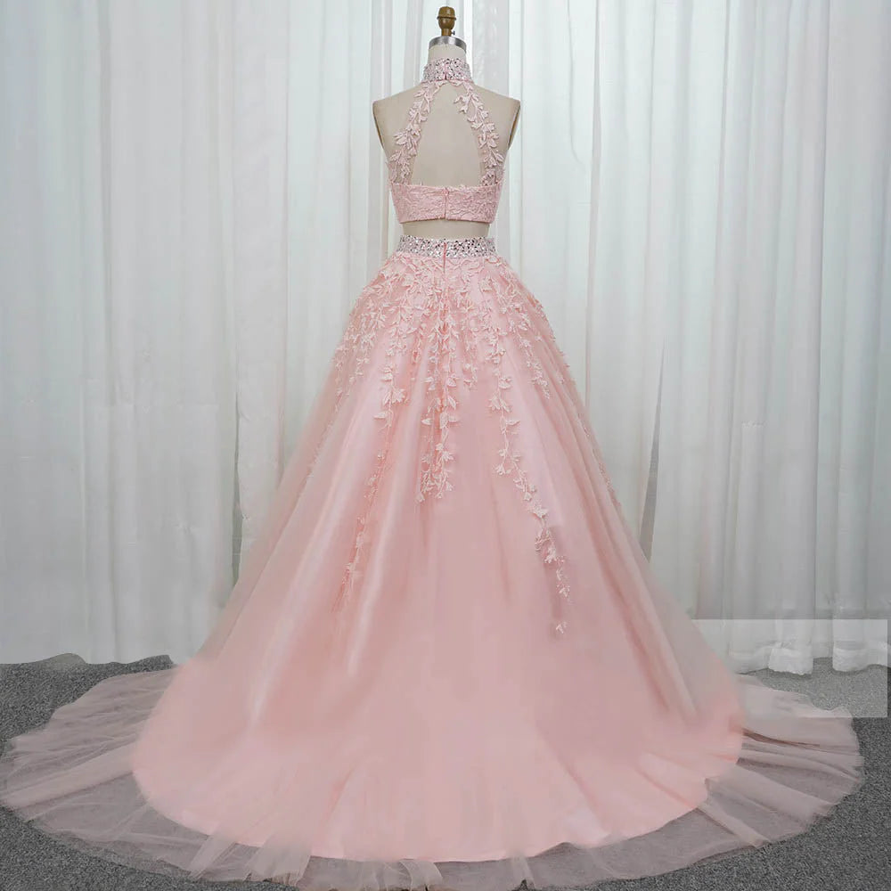 A-Line/Princess Sleeveless Halter Floor-Length Applique Tulle Two Piece Prom Dresses