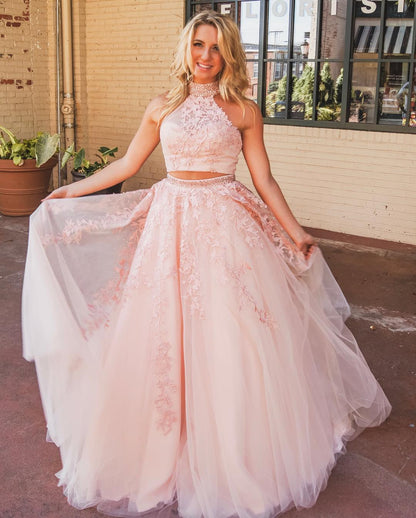 A-Line/Princess Sleeveless Halter Floor-Length Applique Tulle Two Piece Prom Dresses