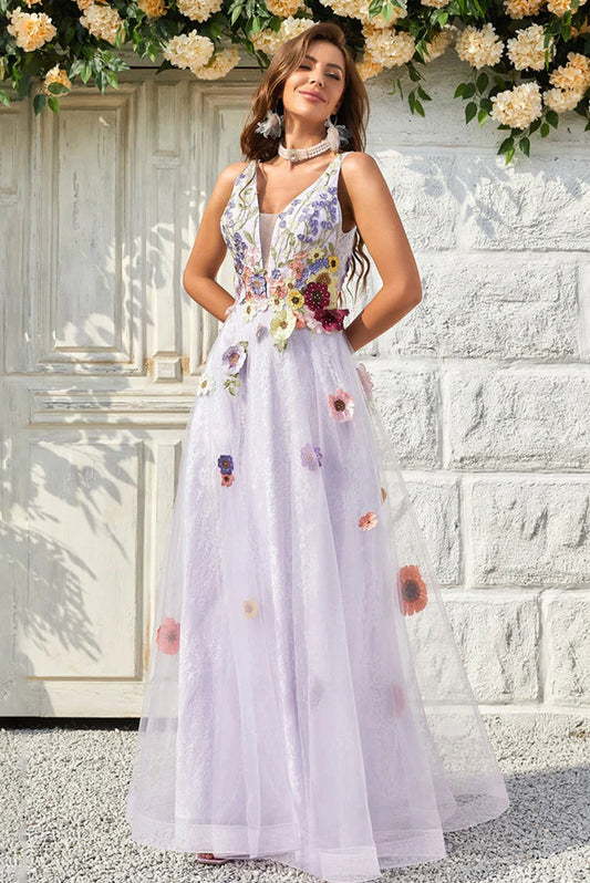 V-Neck Sleeveless Floor-Length Flower Tulle Prom Dresses