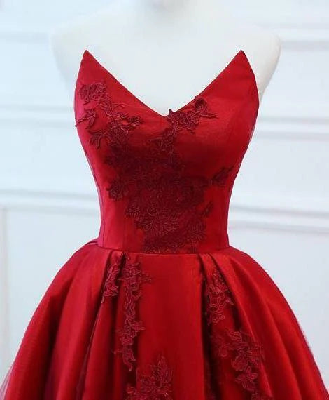 A Line Red Strapless Sweetheart Prom Dresses Satin Long Cheap Quinceanera Dresses