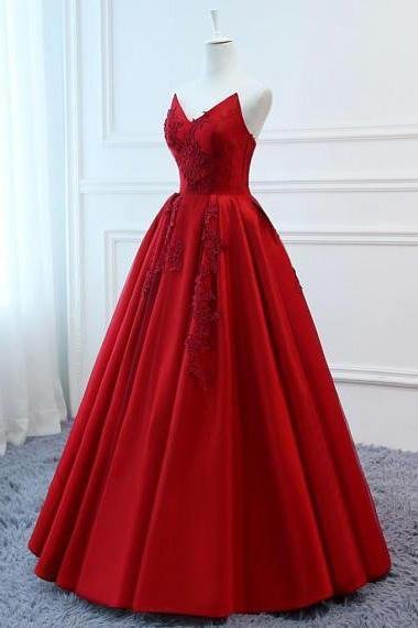 A Line Red Strapless Sweetheart Prom Dresses Satin Long Cheap Quinceanera Dresses