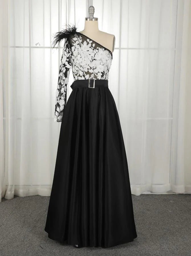 A Line Satin One Shoulder Long Sleeves Split Pockets Prom Dresses With Applique