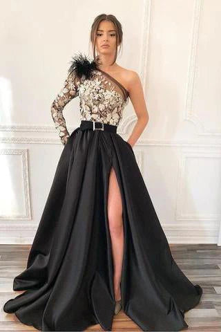 A Line Satin One Shoulder Long Sleeves Split Pockets Prom Dresses With Applique