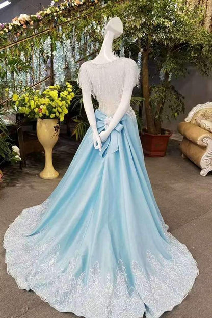 A-Line Satin Princess Dresses Lace Up With Appliques And Bow Knot With Shawl