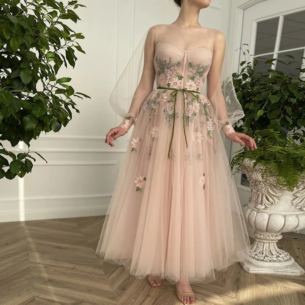 A Line Scoop Long Sleeve Prom Dresses with Floral Embroidery Long Formal Dresses