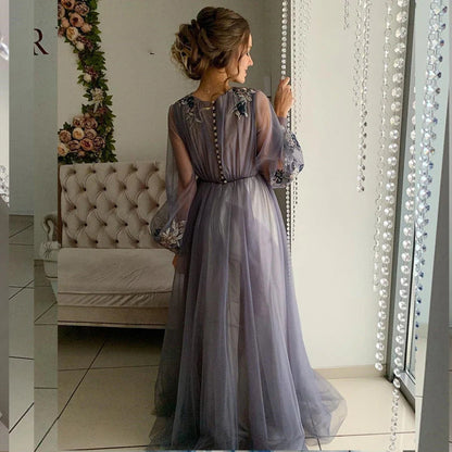 A Line Scoop Tulle Evening Dresses With Appliques