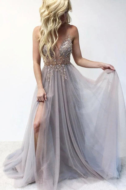 A Line Spaghetti Straps Deep V Neck Beads Tulle Prom Dresses with High Split