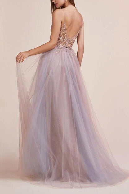 A Line Spaghetti Straps Deep V Neck Beads Tulle Prom Dresses with High Split