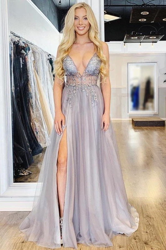 A Line Spaghetti Straps Deep V Neck Beads Tulle Prom Dresses with High Split