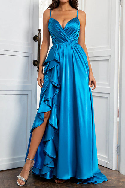 A Line Spaghetti Straps Elastic Satin Prom Dresses With Slit And Flounced