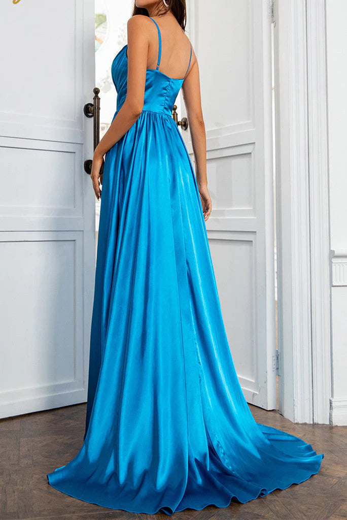 A Line Spaghetti Straps Elastic Satin Prom Dresses With Slit And Flounced