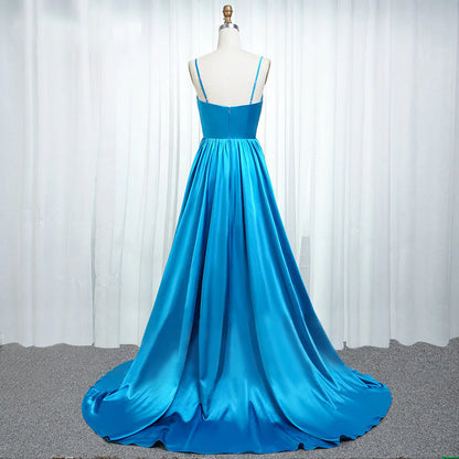 A Line Spaghetti Straps Elastic Satin Prom Dresses With Slit And Flounced