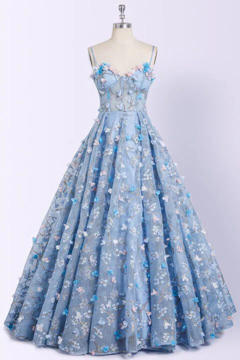 A Line Spaghetti Straps Sweetheart 3D Flower Applique Sky Blue Prom Dresses