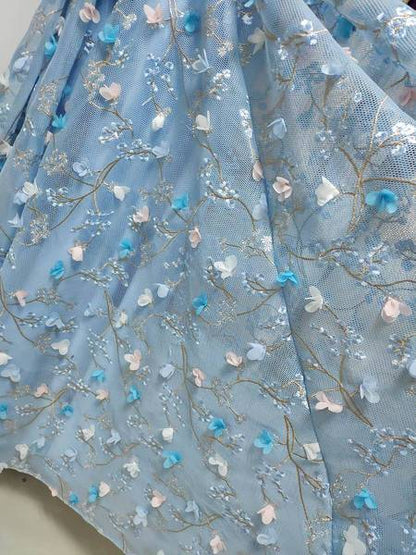 A Line Spaghetti Straps Sweetheart 3D Flower Applique Sky Blue Prom Dresses