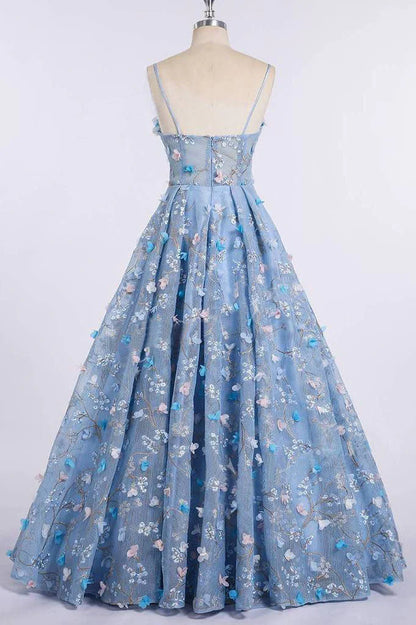 A Line Spaghetti Straps Sweetheart 3D Flower Applique Sky Blue Prom Dresses